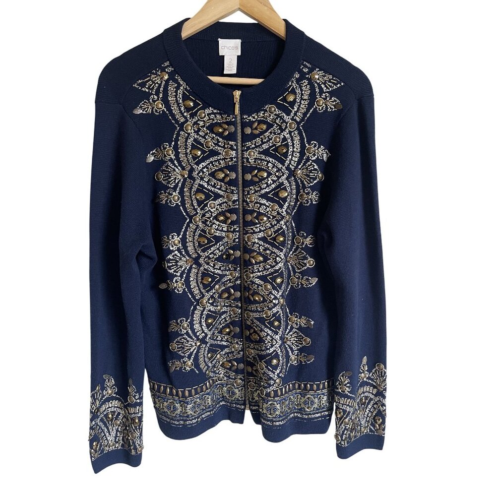 Chico's Navy Blue Embellished Zip-Front Cardigan